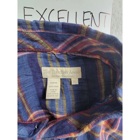 The Territory Ahead Mens XL Plaid Button-Up Shirt Linen Blue Casual Short Sleeve - Picture 3 of 7